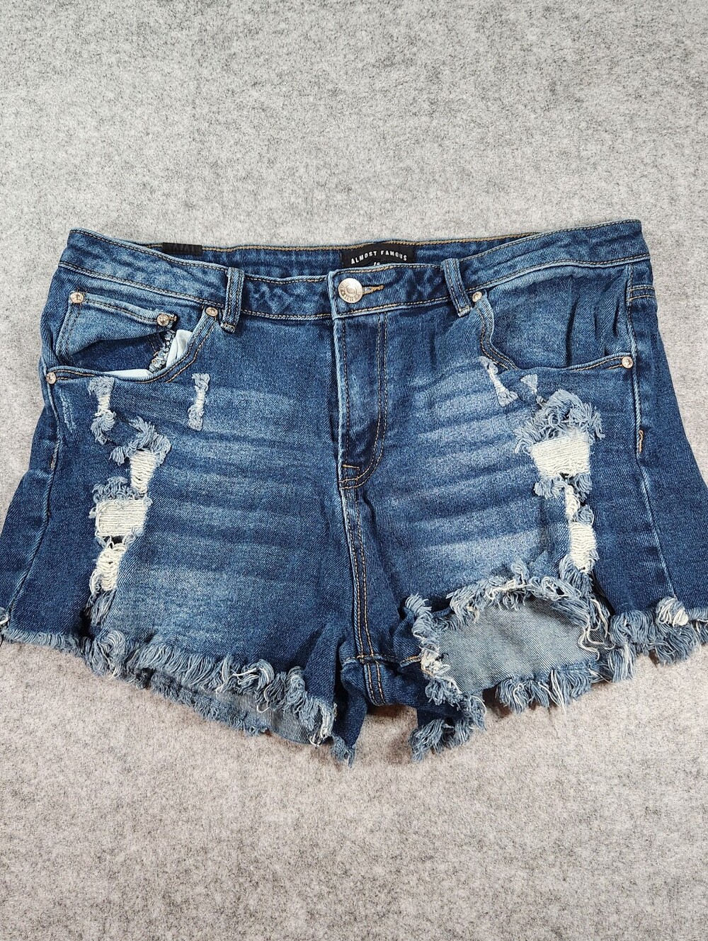 Almost Famous Distressed Dark Blue Denim Shorts Size 15